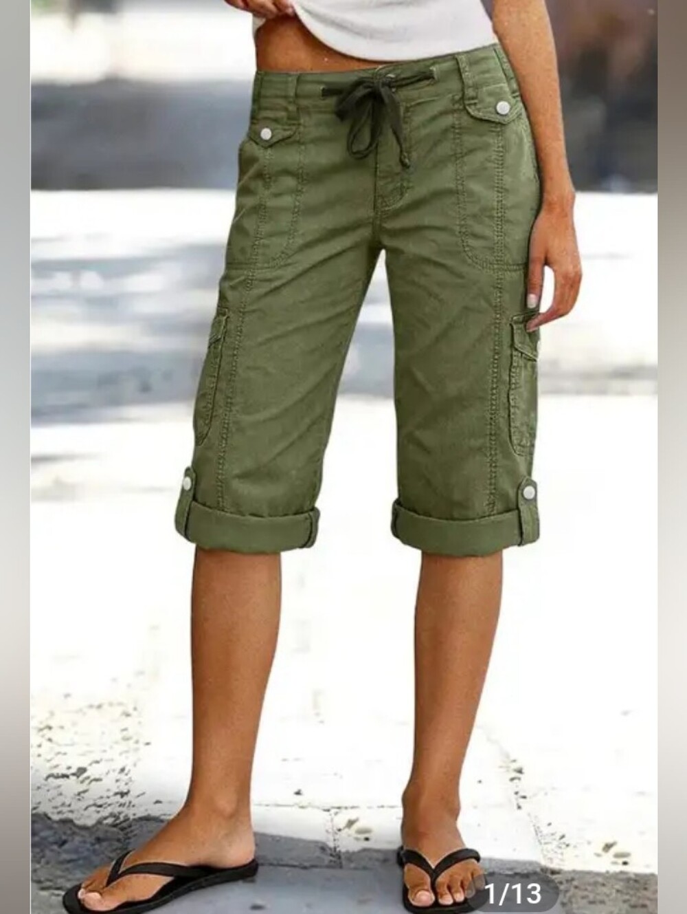 Flamingals Solid Flap Pocket Roll Hem Drawstring Mid Rise Bermuda Cargo Shorts